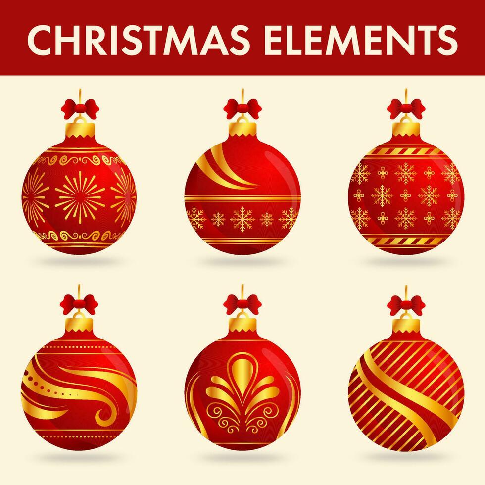 Glossy Golden And Red Christmas Baublle In Different Pattern Element Set Over Peach Background. vector