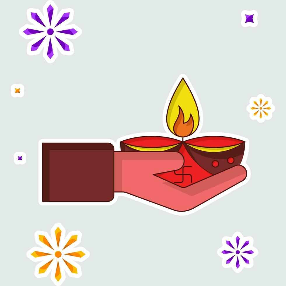Illustration Of Burning Diya On Hand Againstl Fireworks Grey Background. vector