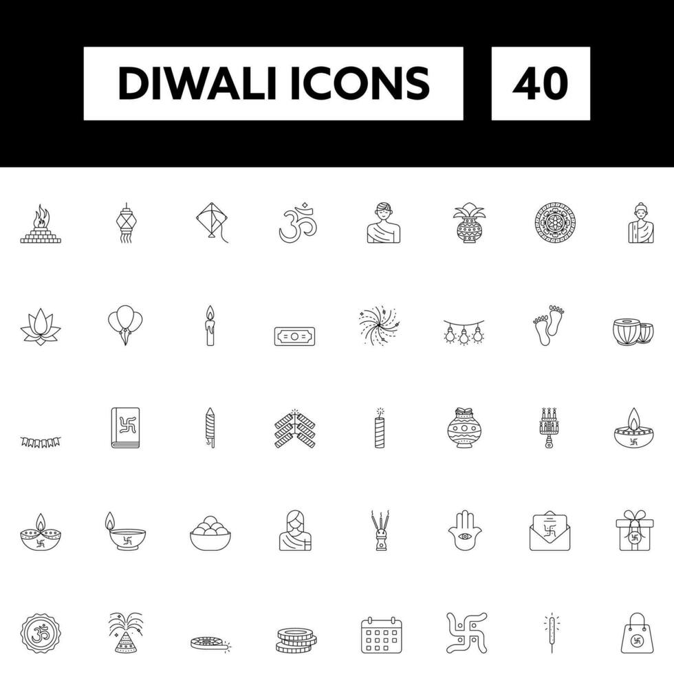 Illustration Of Lineal Diwali Icons 40 Set On Black And White Color. vector