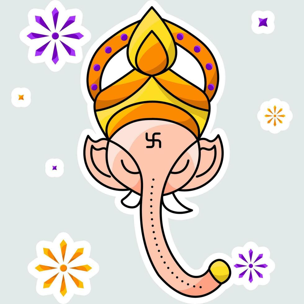 Sticker Style Ganesha Face Against Fireworks Background. vector