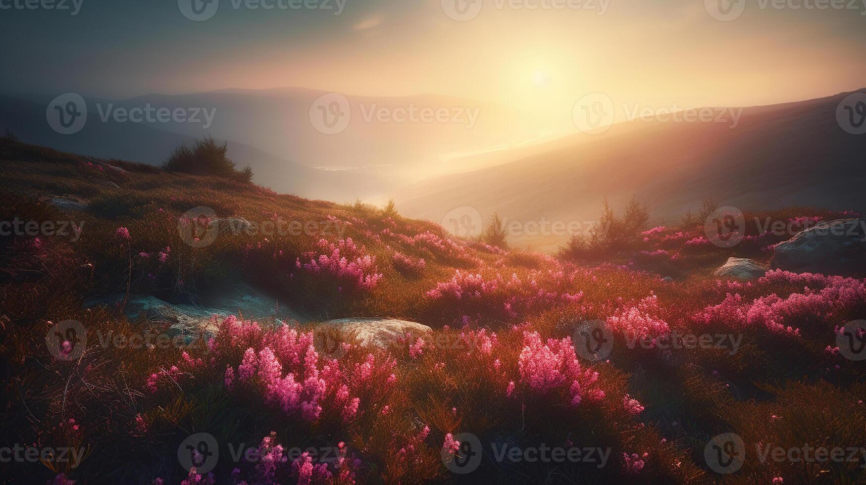 Breathtaking nature scenery during sunset. Incredible foggy morning in mountains with amazing pink rhododenndron flovers. Picture of wild area, photo