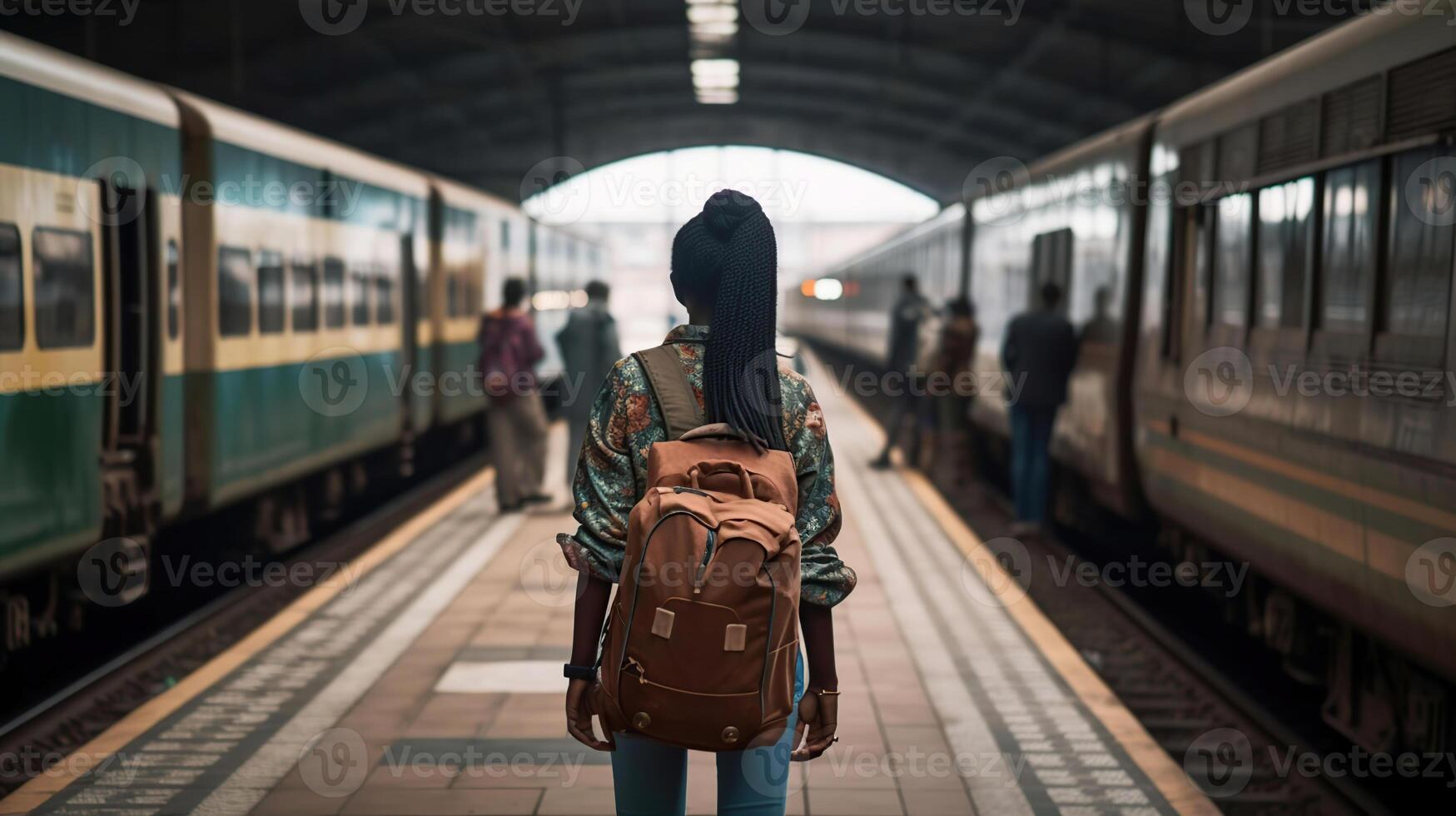 africano mujer en el ferrocarril estación antes de su viaje Entre dos autopista trenes esperando para salida en el plataforma adentro de un ferrocarril deposito, generativo ai foto