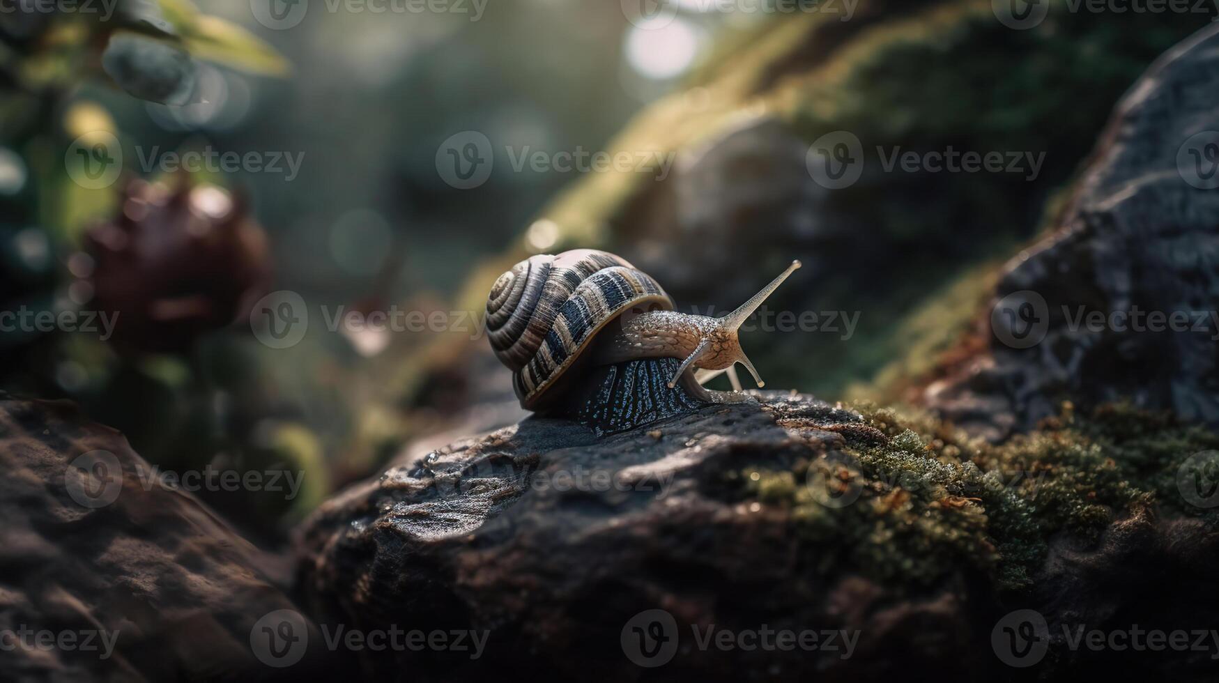 Snail on a wet rock. Helix pomatia also Roman snail, Burgundy snail, edible snail or escargot, photo
