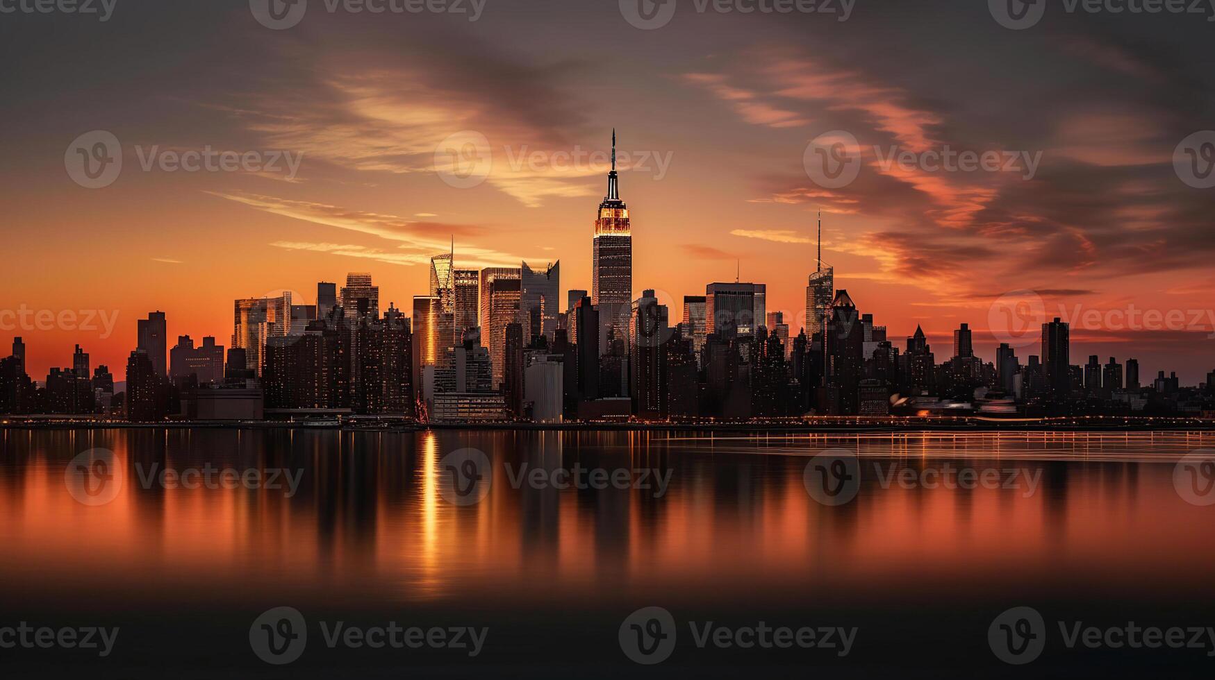 Amazing panorama view of New York city skyline and skyscraper at sunset. Beautiful night view in Midtown Manhatton, photo