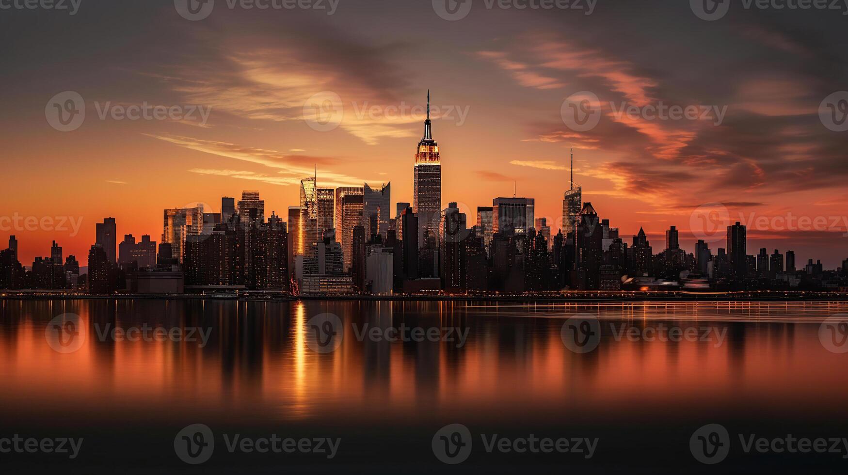 increíble panorama ver de nuevo York ciudad horizonte y rascacielos a puesta de sol. hermosa noche ver en centro de la ciudad manhatton, generativo ai foto