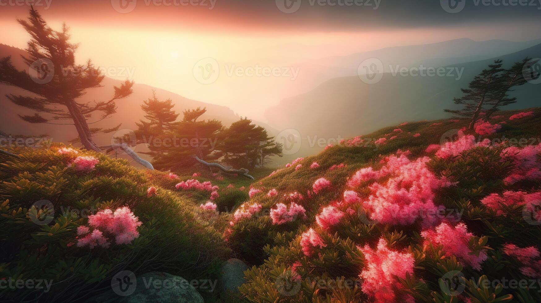 Breathtaking nature scenery during sunset. Incredible foggy morning in mountains with amazing pink rhododenndron flovers. Picture of wild area, photo