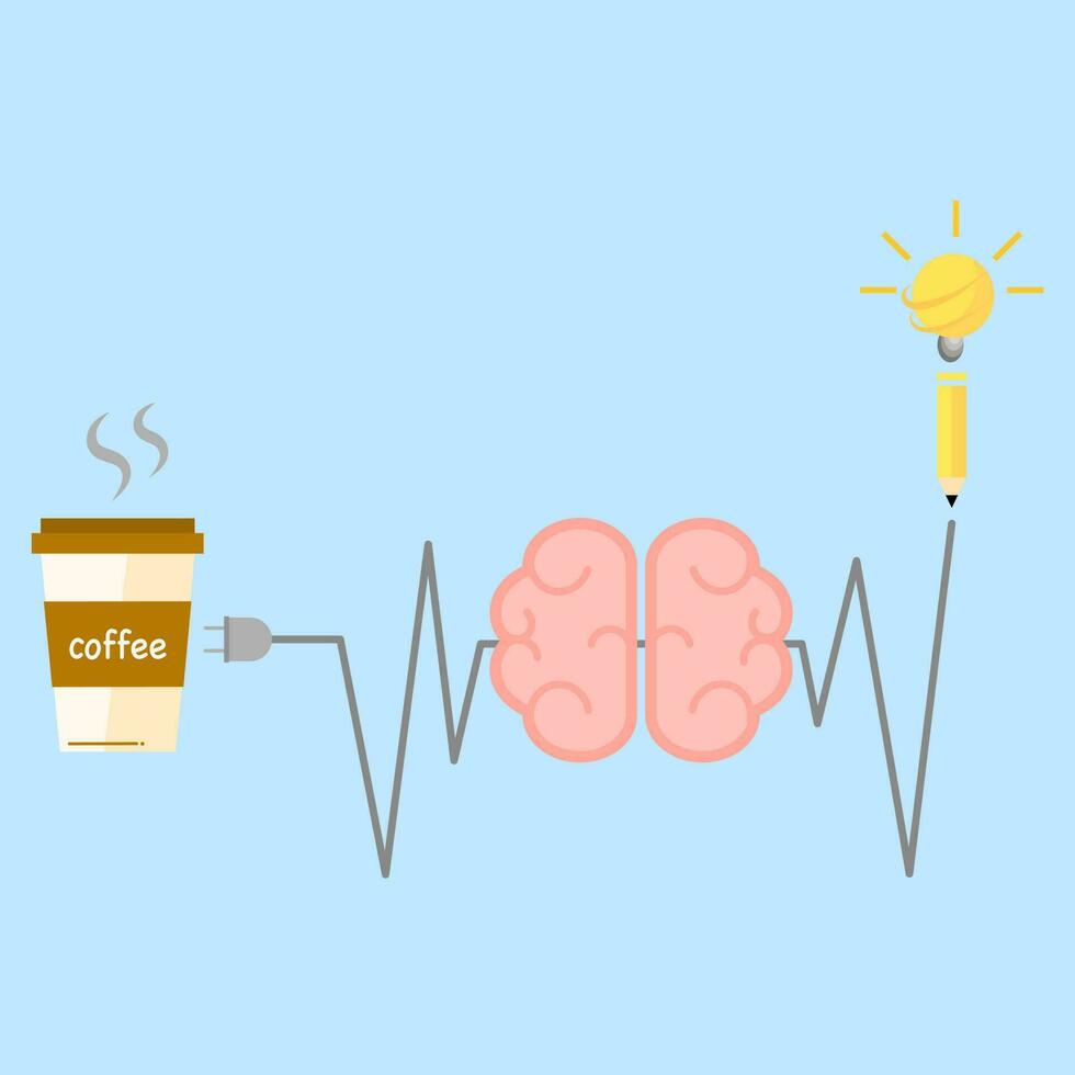 Brain charging by coffee or caffein. Brain boosting power for activity, work or idea. vector
