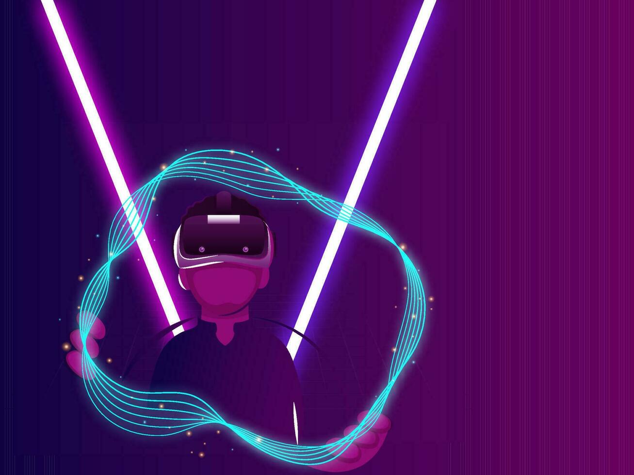 Cartoon Man Wearing VR Headset With Lighting Lines, Abstract Waves On Blue And Purple Background. vector