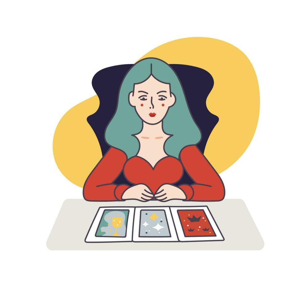 A young girl lays out tarot cards. The concept of divination, numerology and predictions. Modern flat design on white background vector