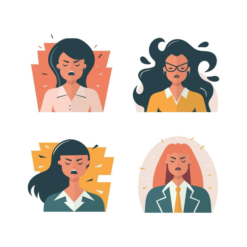 2enojado mujer caras colocar. vector plano personaje, negativo emociones concepto. avatar aislado en blanco antecedentes. mental salud vector ilustración.