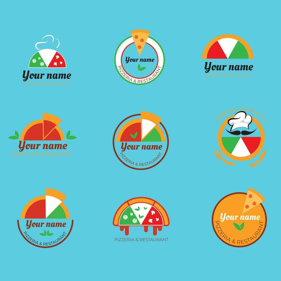 Pizzeria logos. Set of vector badges with pizza, full and slices on vintage chalkboard background. Labels for trattoria, pizzeria, Italian cuisine restaurant of cafe.