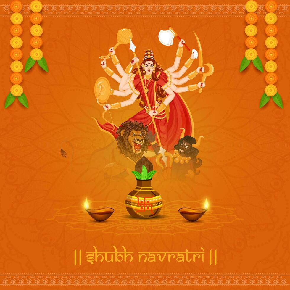 shubh navratri letras con iluminado petróleo lamparas y floral guirnalda mitología diosa Durga mamá, Adoración maceta en naranja mandala antecedentes. vector