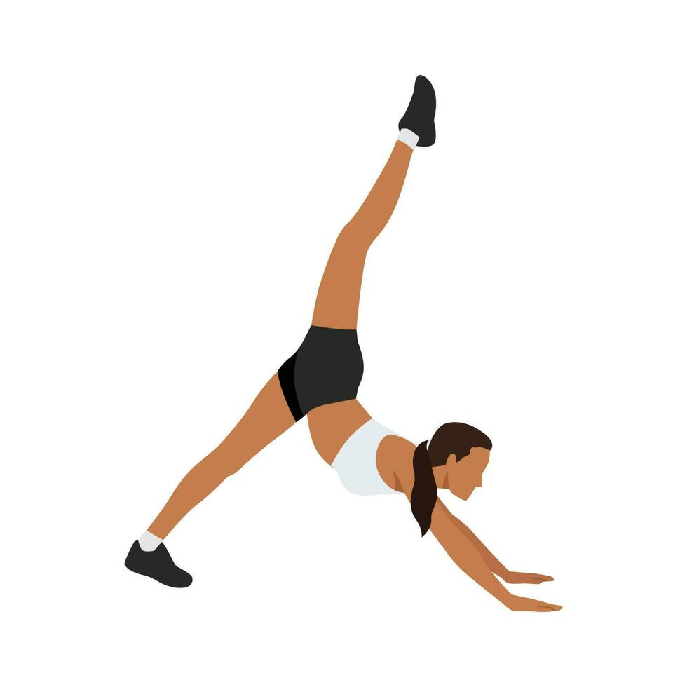 mujer haciendo hacia abajo frente a perro división pose, abajo perro dividir, eka pada adho mukha svanasana, tres patas hacia abajo frente a perro pose. plano vector ilustracion