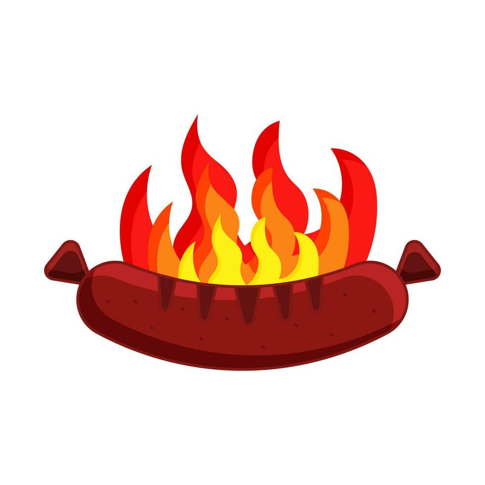 Realistic Grilling Sausage On Flame Against White Background. vector