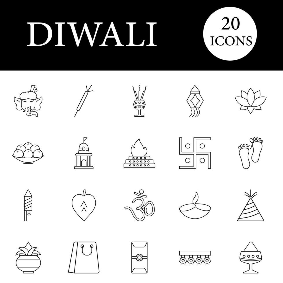 aislado diwali -20 íconos línea Arte conjunto en blanco antecedentes. vector