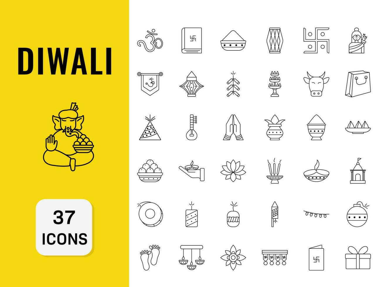 Illustration Of Lineal Diwali Icons -37 Set On Yellow And White Background. vector