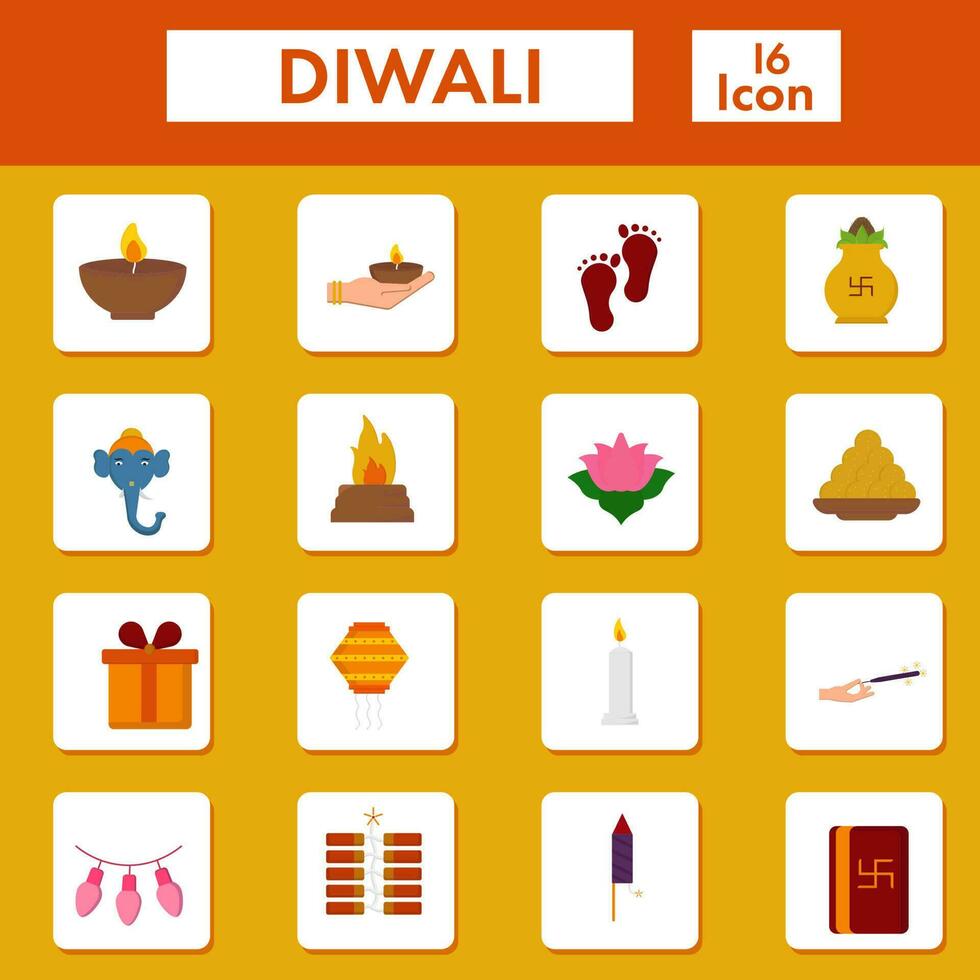 Illustration Of Diwali Icon 16 Icon Set On Yellow Background. vector