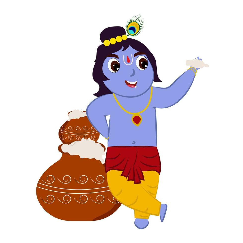 Cheerful Cartoon Bal Gopal Showing Makhan Against Stack Matki Flat Vector. vector