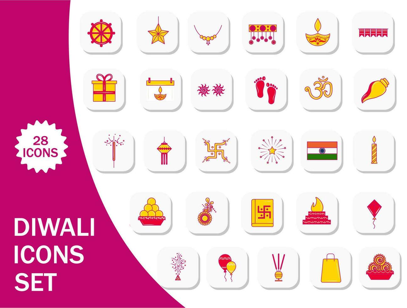 Isolated Diwali-28 Icons Set Against White And Pink Background. vector