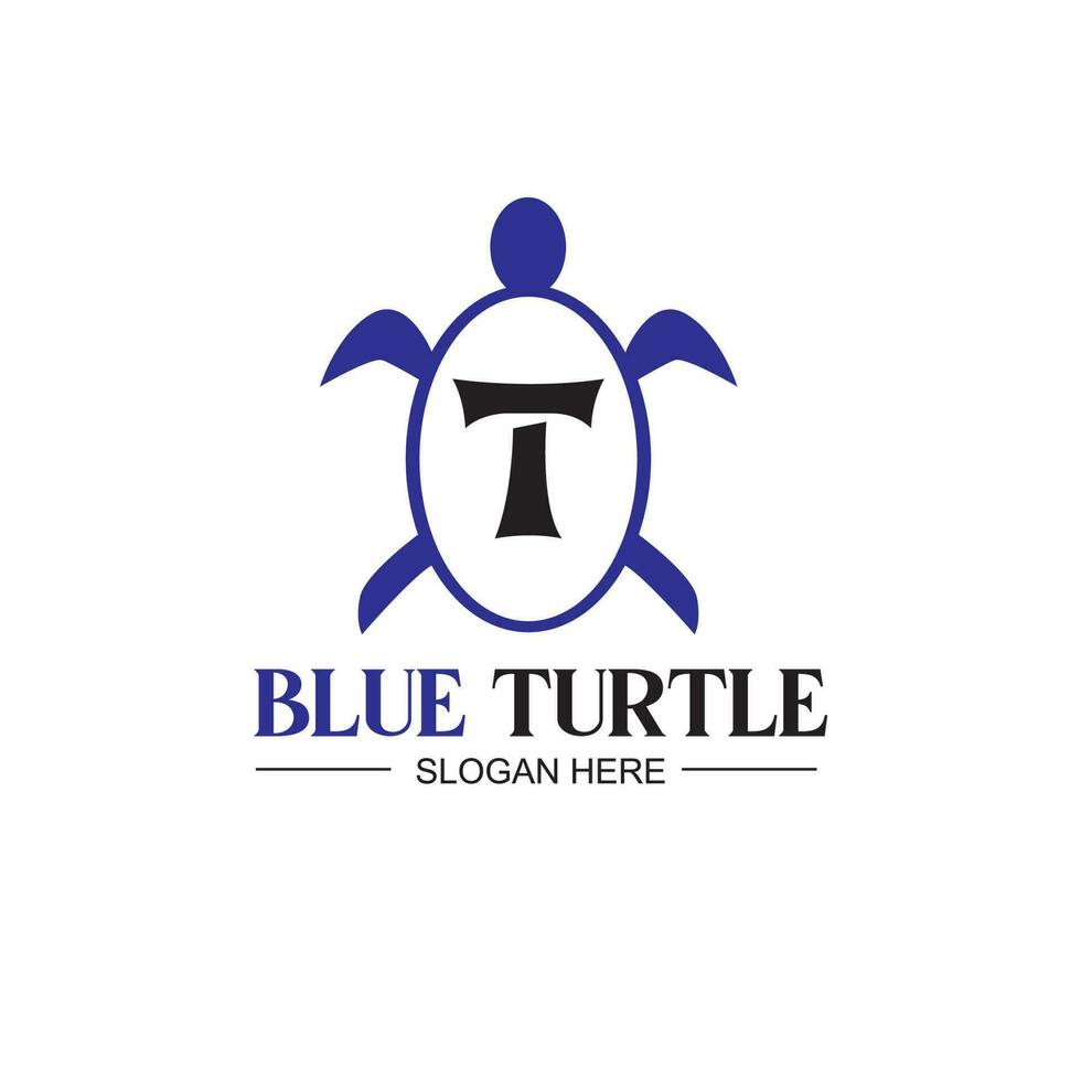 Vector Logo Illustration Blue Turtle.with the letter t on the shell