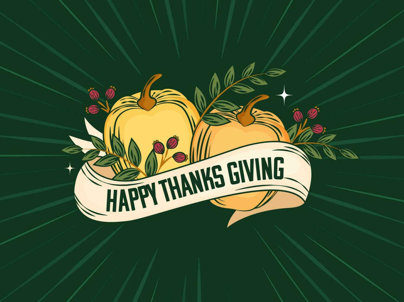 Happy Thanksgiving Background With Pumpkins, Acrons, and Ribbon on Green Rays Background. vector