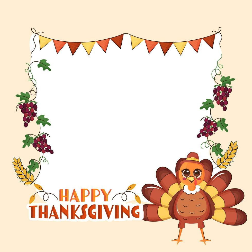 Happy Thanksgiving Background With Turkey Bird, Grapevines, Wheat Ears and Text Space for your Message. vector