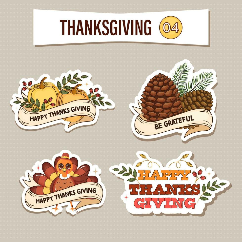 Happy Thanksgiving Sticker or Label Set With Pumpkins,  Acrons, Turkey Bird, and Colorful Text. vector