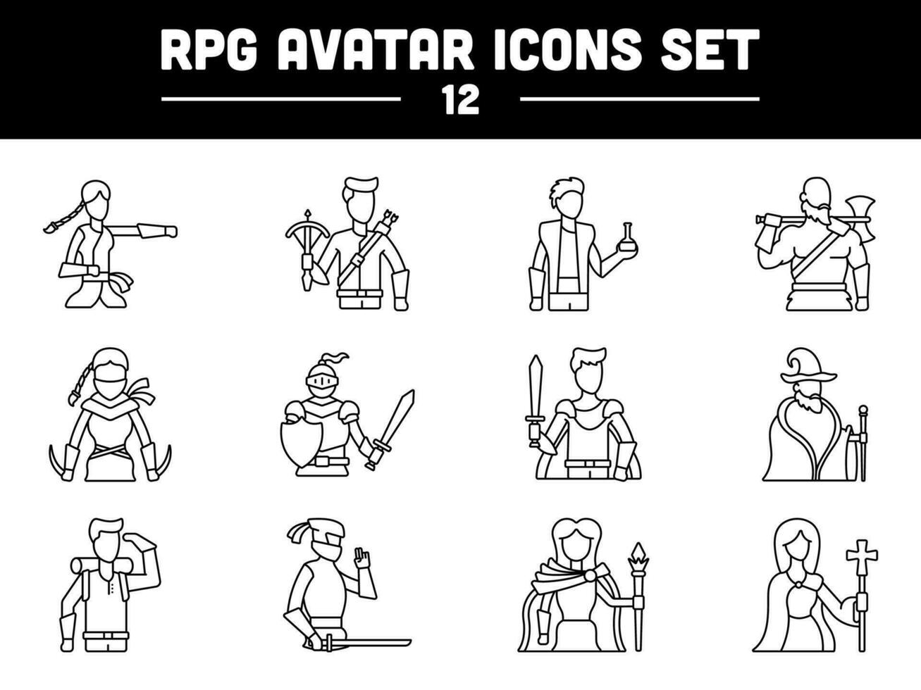 masculino y hembra rpg avatar dibujos animados conjunto en negro describir. vector