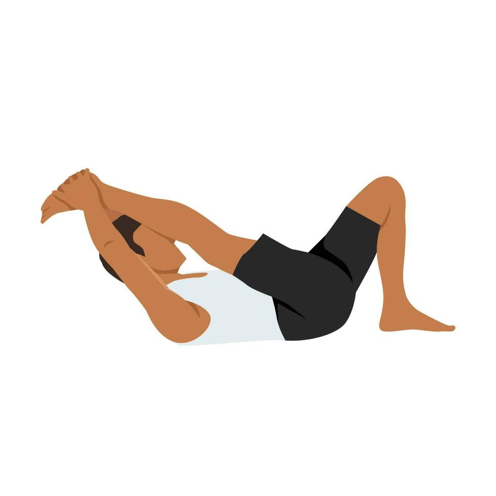 hombre haciendo krounchasana. masculino yogui en garza pose. intenso tendón de la corva estirar. chico con pierna arriba y manos participación pie. vector