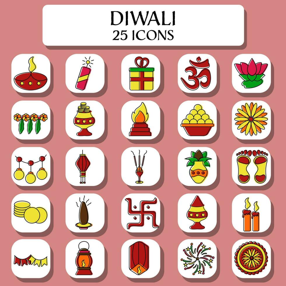 Isolated Diwali 25 Icons Set In Pink Background. vector