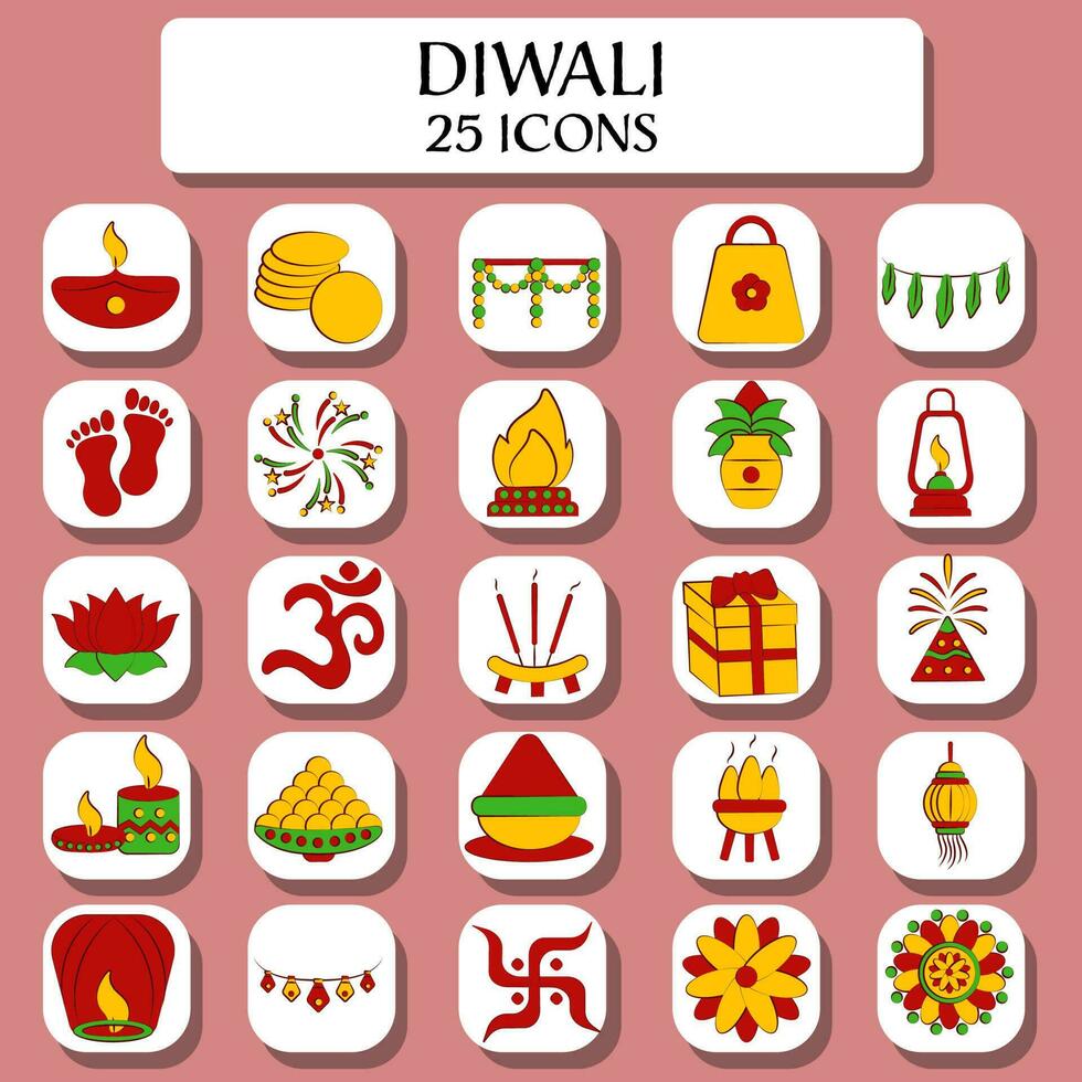 Illustration Of Beautiful Diwali 25 Icon Set In Pink Background. vector