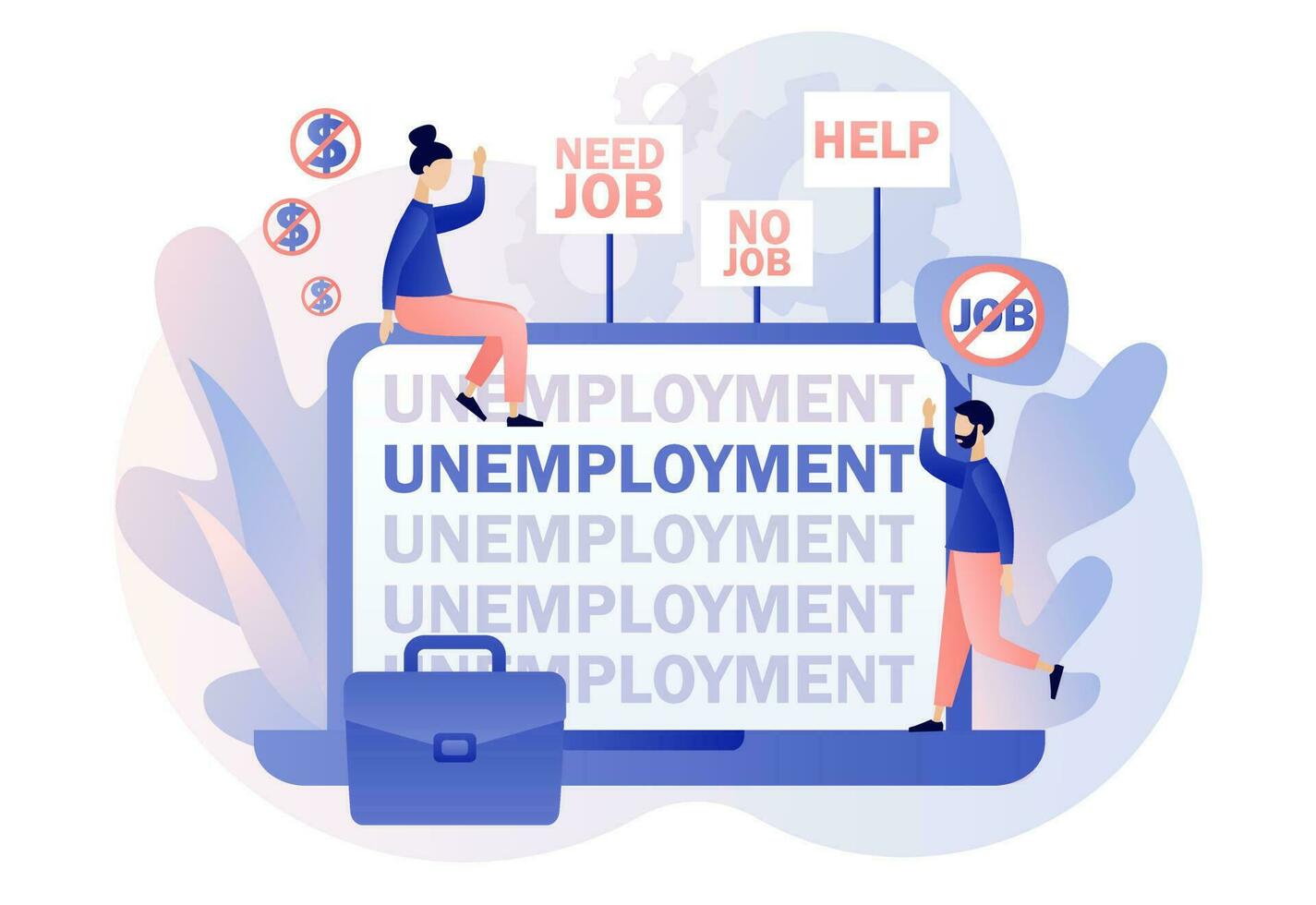 Unemployment - text on laptop screen. Social problem concept. Tiny people unemployed looking for job. Economic crisis, business closed, workplace shortening. Modern flat cartoon style. Vector