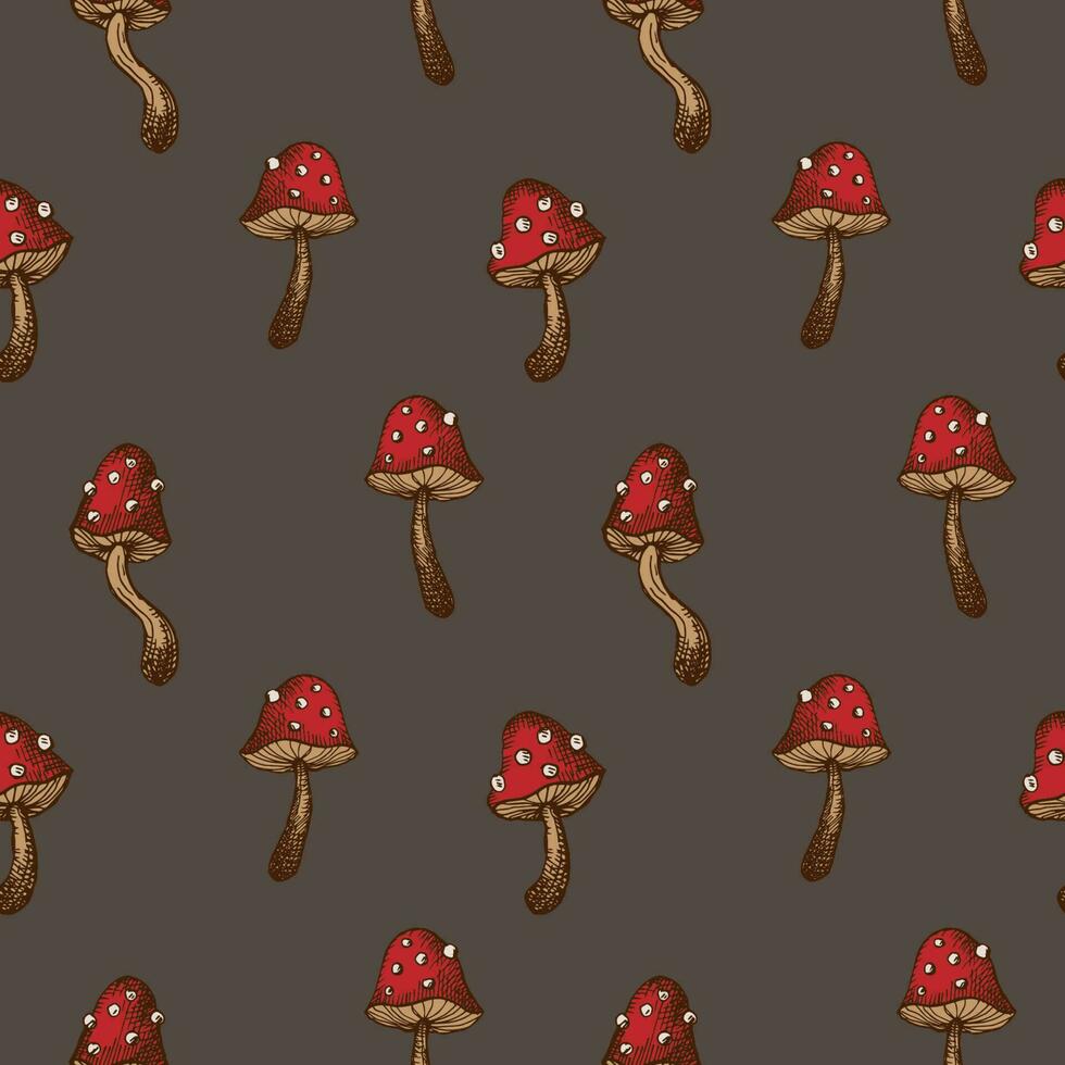 Seamless repeating pattern with fly agaric mushrooms on a dark background. Forest ornament with red mushrooms. Boho style. Drawn by hand. For textiles, polygraphy .Background vector illustration