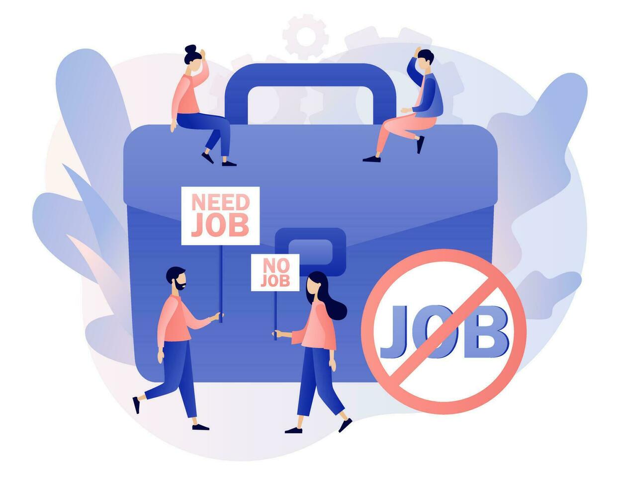 Unemployment social problem concept. Need job. Tiny people unemployed looking for job. Economic crisis, company and business closed, workplace shortening. Modern flat cartoon style.Vector illustration vector