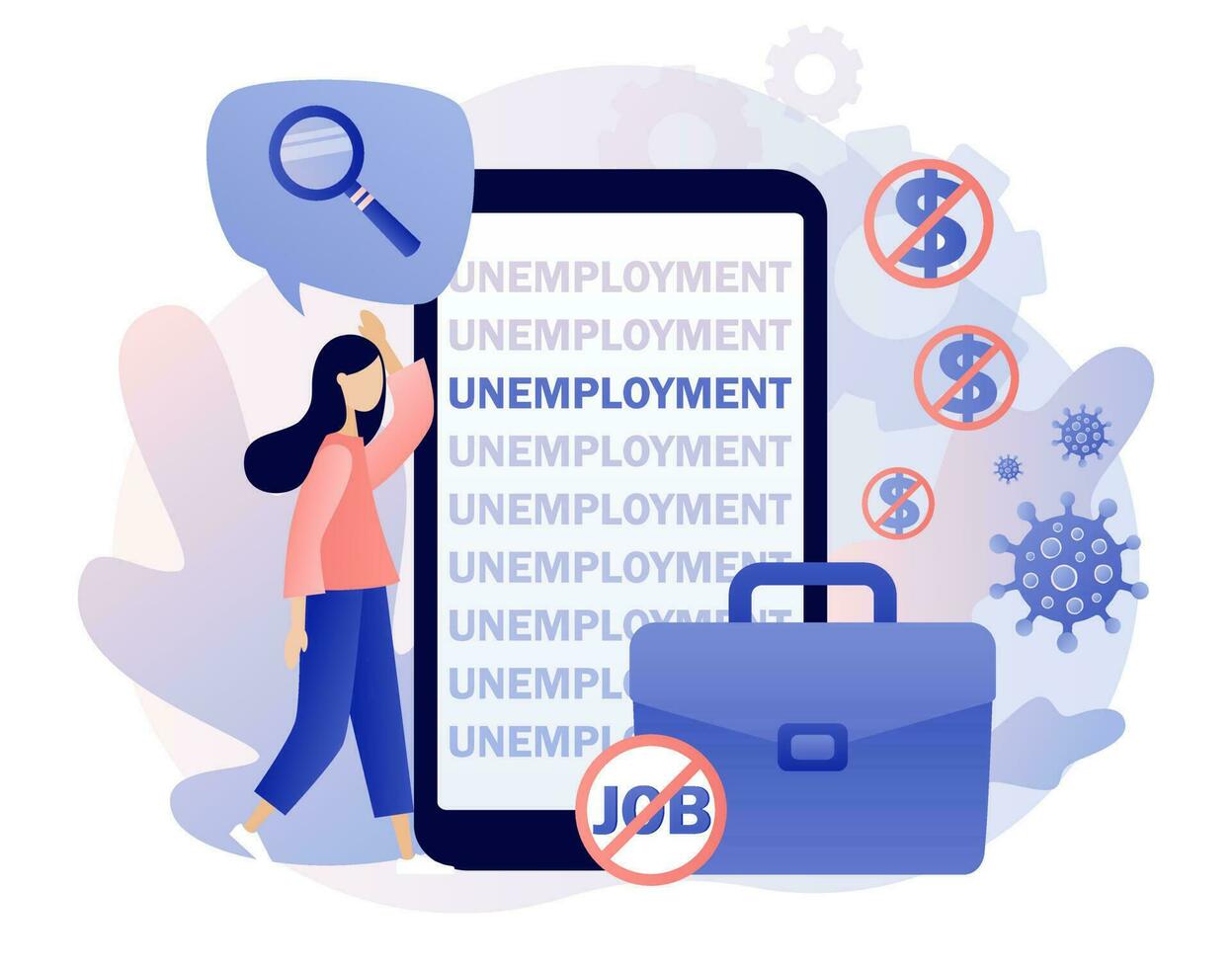 Unemployment - text on smartphone screen. Social problem concept. Tiny woman unemployed looking for job. Economic crisis, business closed, workplace shortening. Modern flat cartoon style. Vector