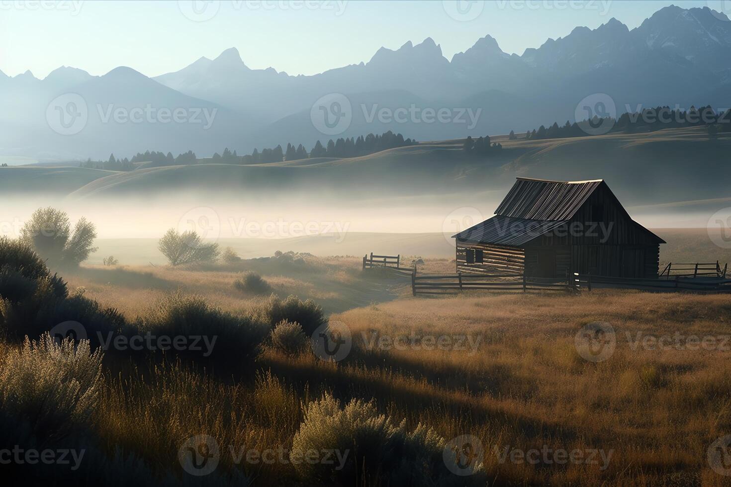 escena de madera granero pastoral rancho antecedentes suave ambiente niebla distante rocoso montañas descanso amanecer brillante picos Wyoming ilustración arbusto y sereno. ai generado foto