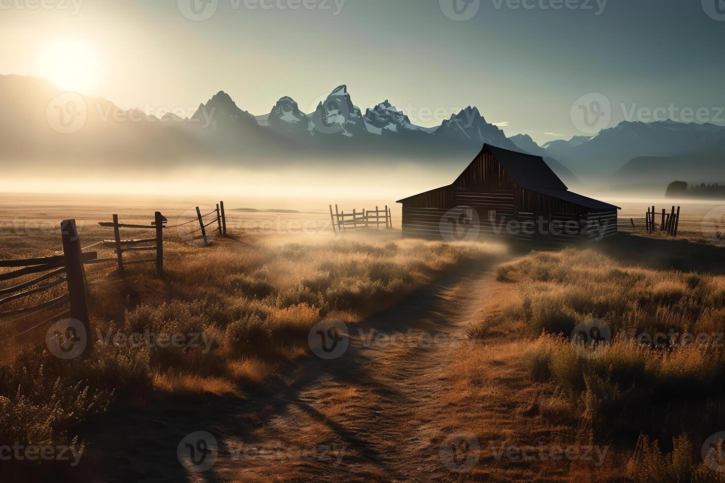 escena de madera granero pastoral rancho antecedentes suave ambiente niebla distante rocoso montañas descanso amanecer brillante picos Wyoming ilustración arbusto y sereno. ai generado foto