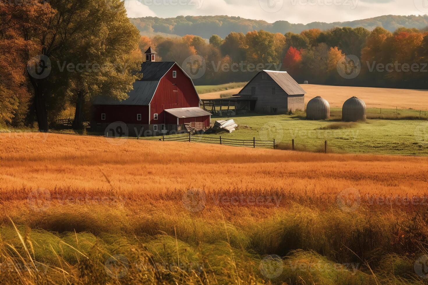 A peaceful countryside scene with a red barn in the distance surrounded by fields of hay and cattle grazing lazily. photo