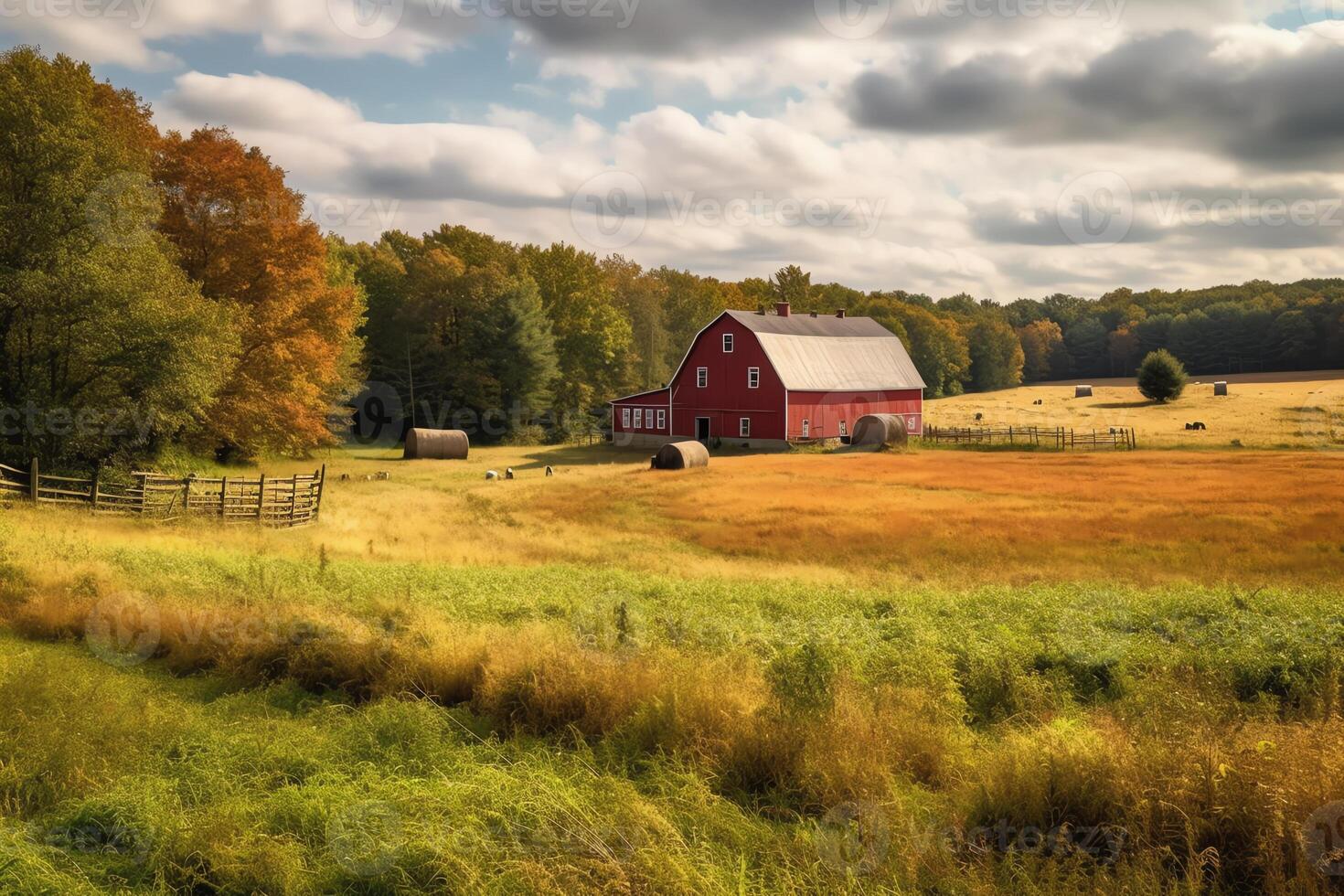 A peaceful countryside scene with a red barn in the distance surrounded by fields of hay and cattle grazing lazily. photo