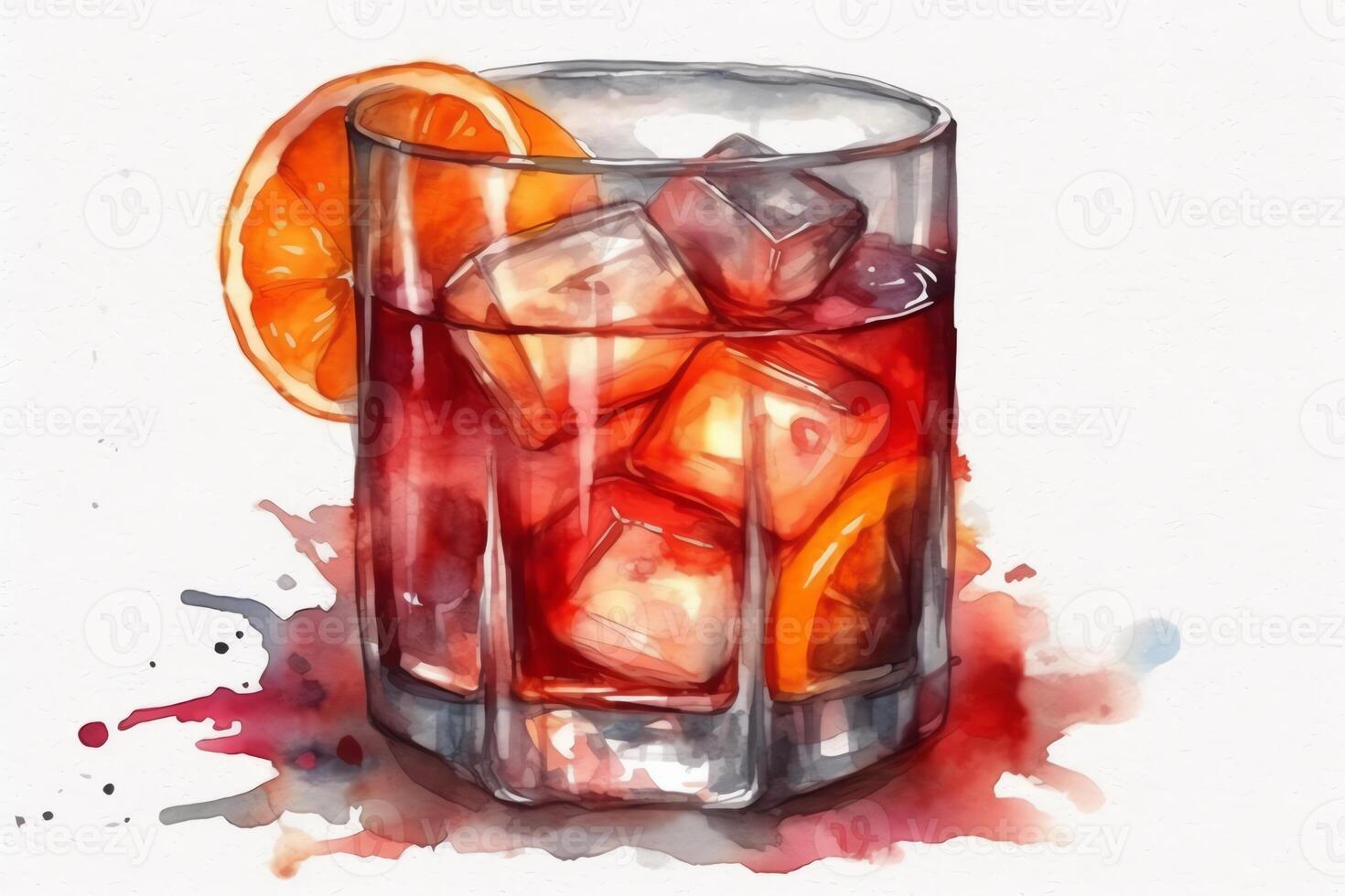 Hand drawn watercolor cocktails americano negroni old fashioned. photo