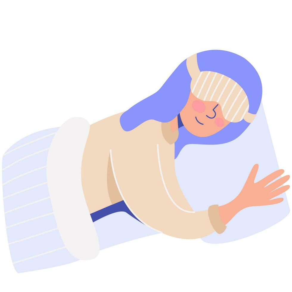 Woman sleeping in a bed with a sleep mask. Healthy sleep.World sleep day. National bed month vector