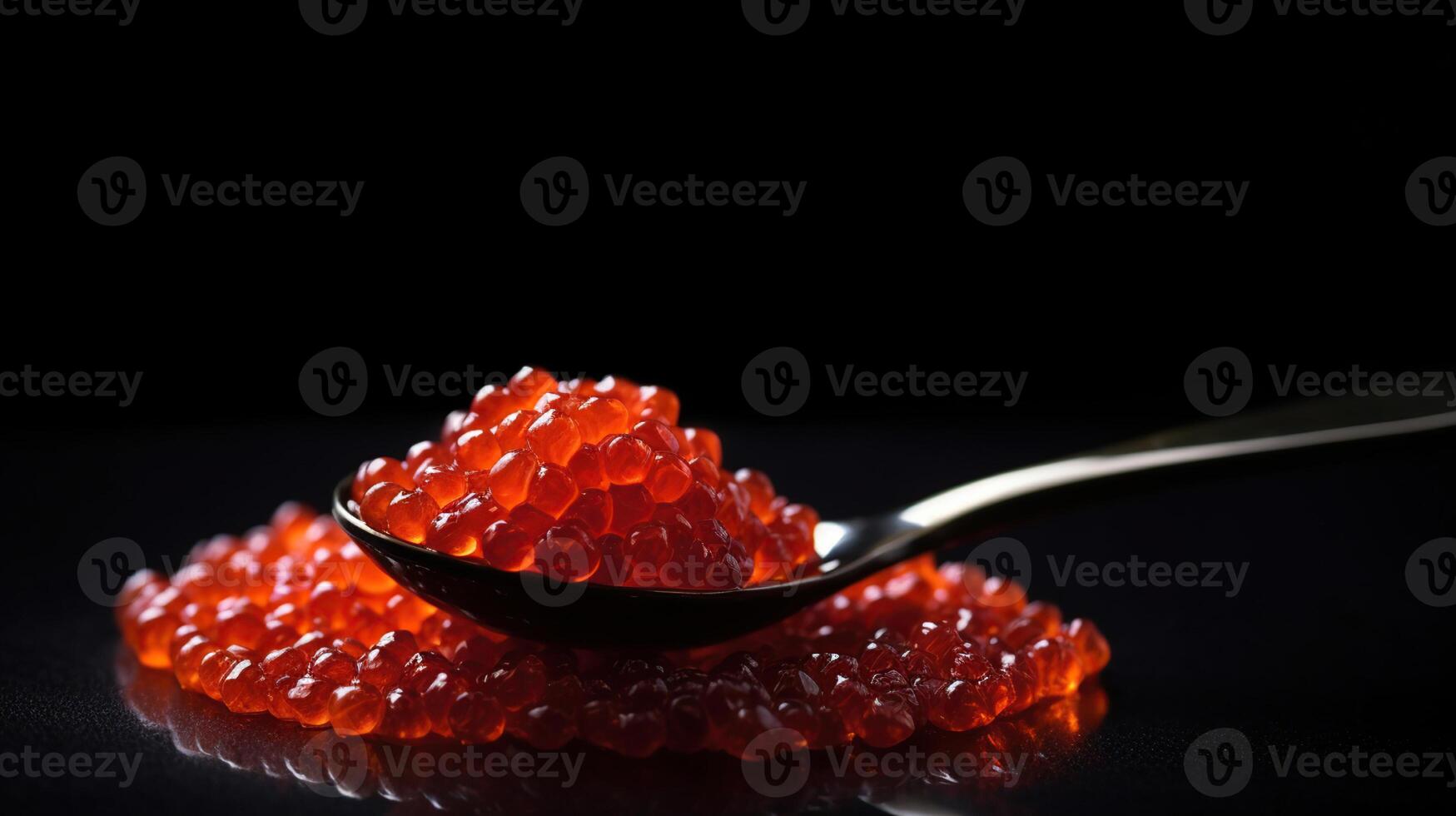 Red Caviar in a spoon. Caviar in bowl over black background. Close-up salmon caviar. Delicatessen. Gourmet food. Texture of caviar. Seafood isolated on black, photo