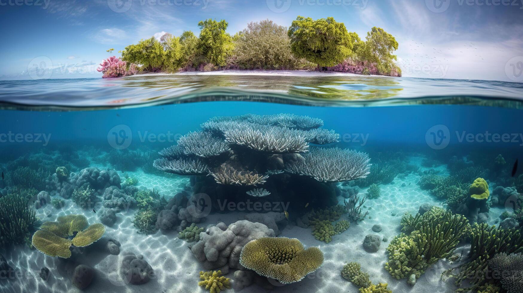 tropical isla y coral arrecife - división ver con línea del agua, generativo ai foto