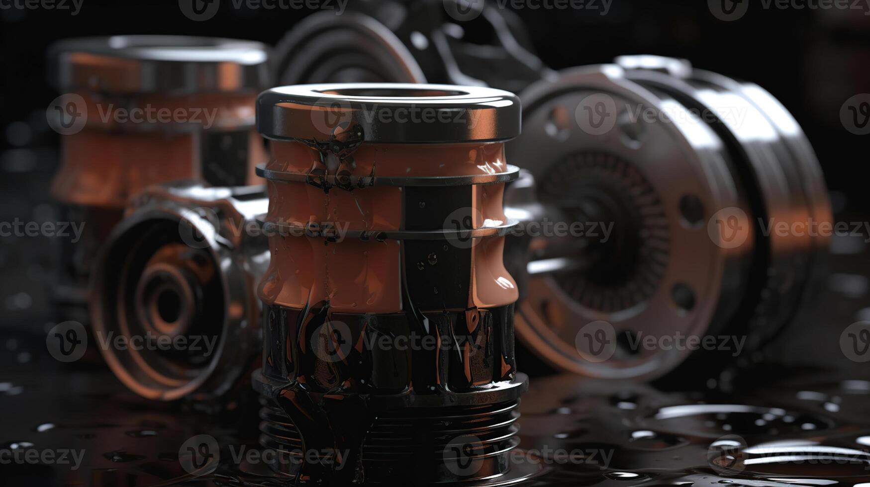 Motor parts as crankshaft, pistons with motor oil splash, photo