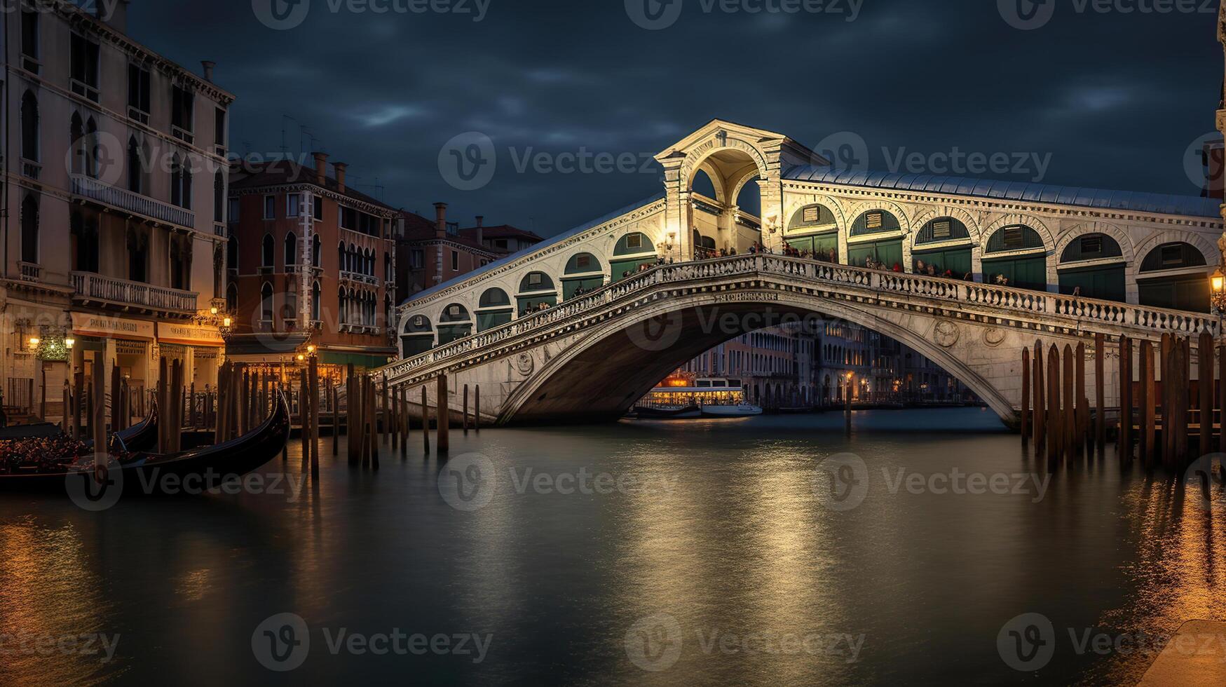 rialto puente, ver de Venecia grandioso canal con gandola. arquitectura y puntos de referencia de Venecia. generativo ai foto