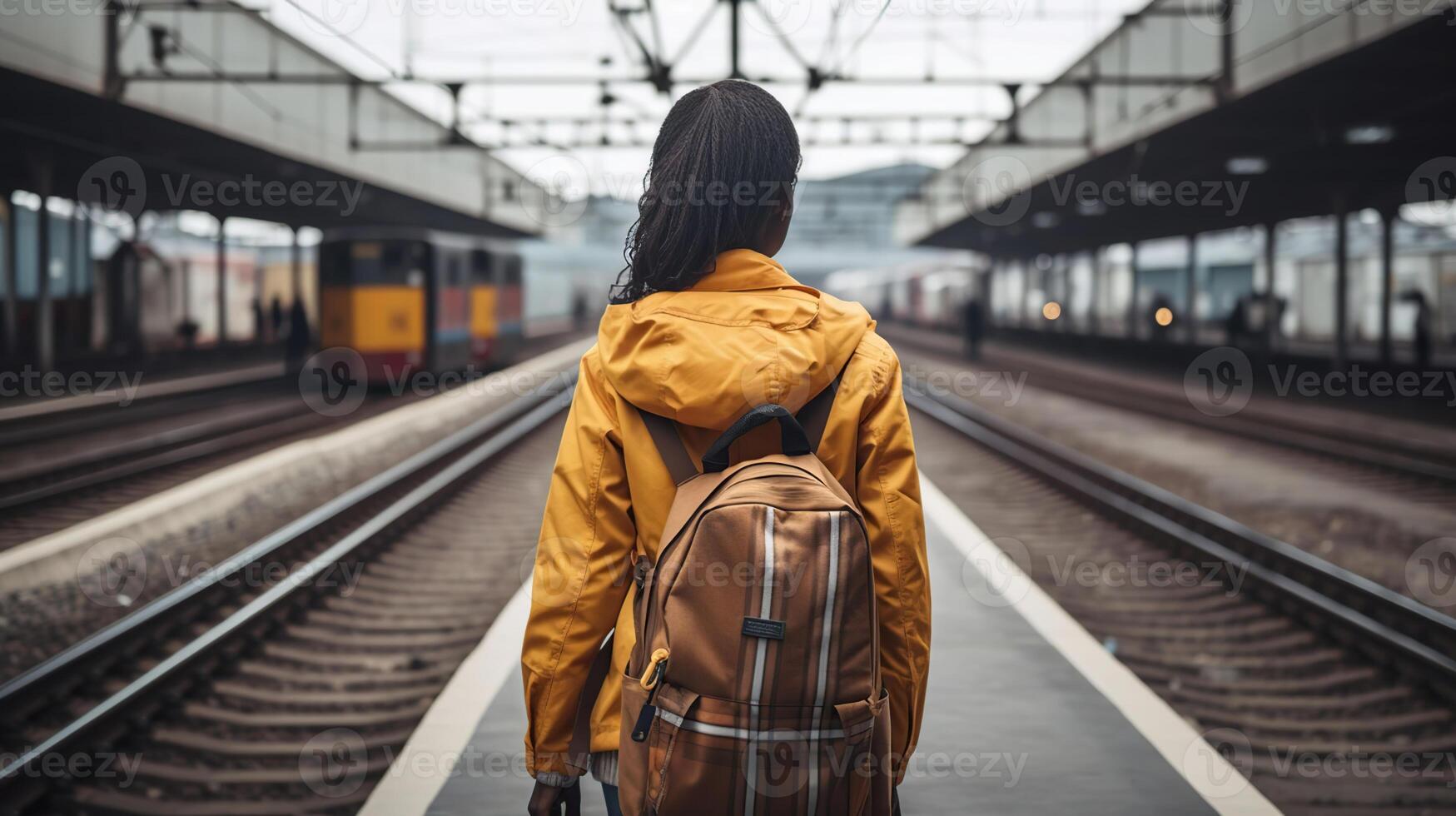 A walking African woman on the railway station before her trip between two highway trains waiting for departure on the platform indoors of a railroad depot, photo