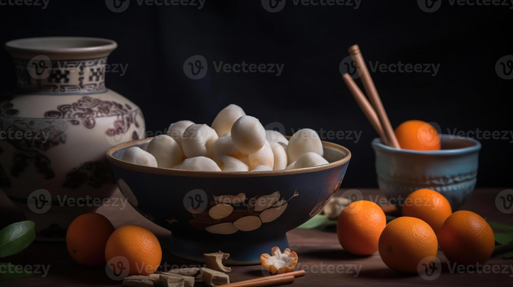 Bowl of tangyuan, fortune cookies, mandarins and tea on grunge background, photo