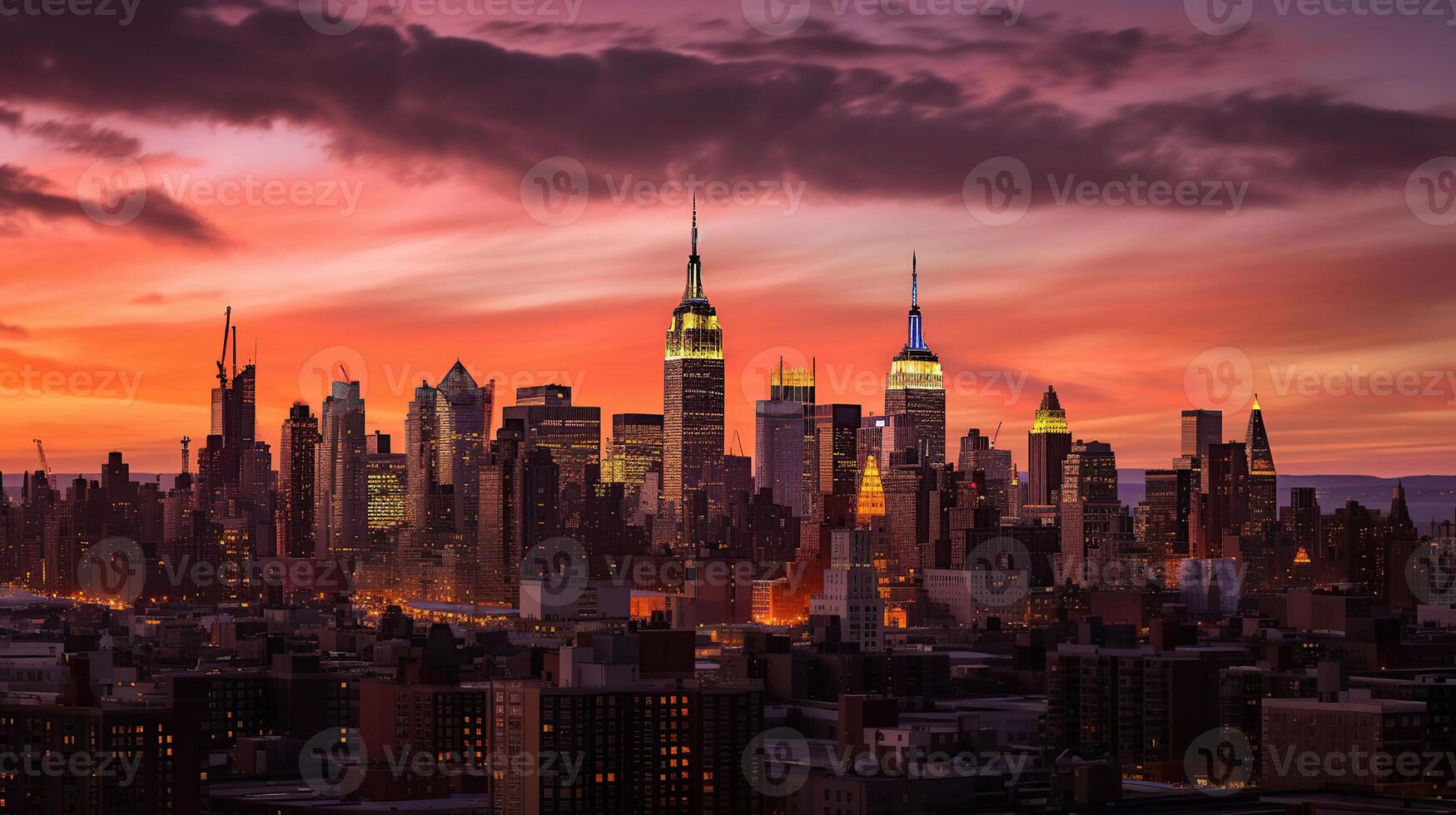 increíble panorama ver de nuevo York ciudad horizonte y rascacielos a puesta de sol. hermosa noche ver en centro de la ciudad manhatton, generativo ai foto