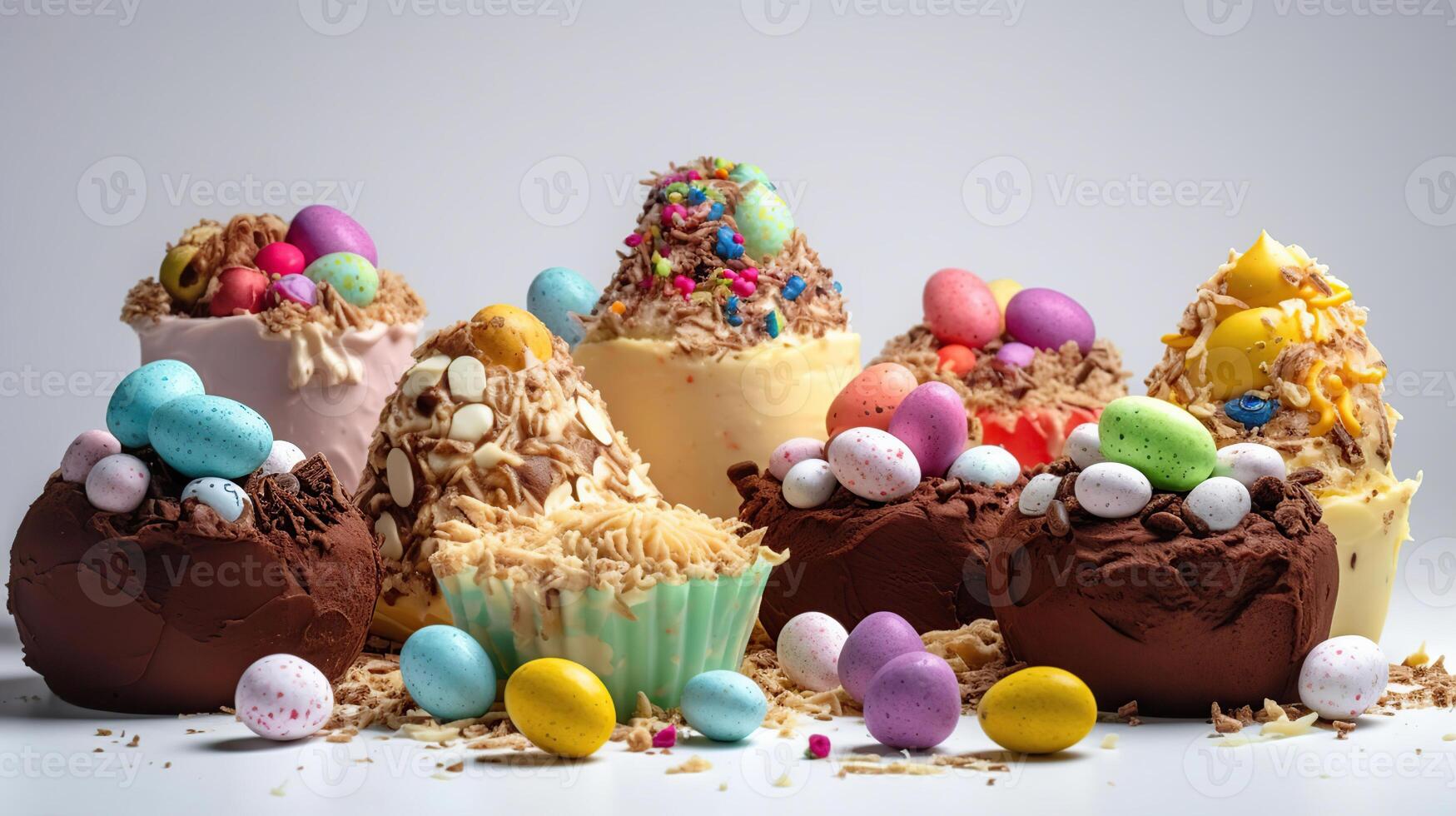 Delicious Easter cakes and eggs on white background, photo