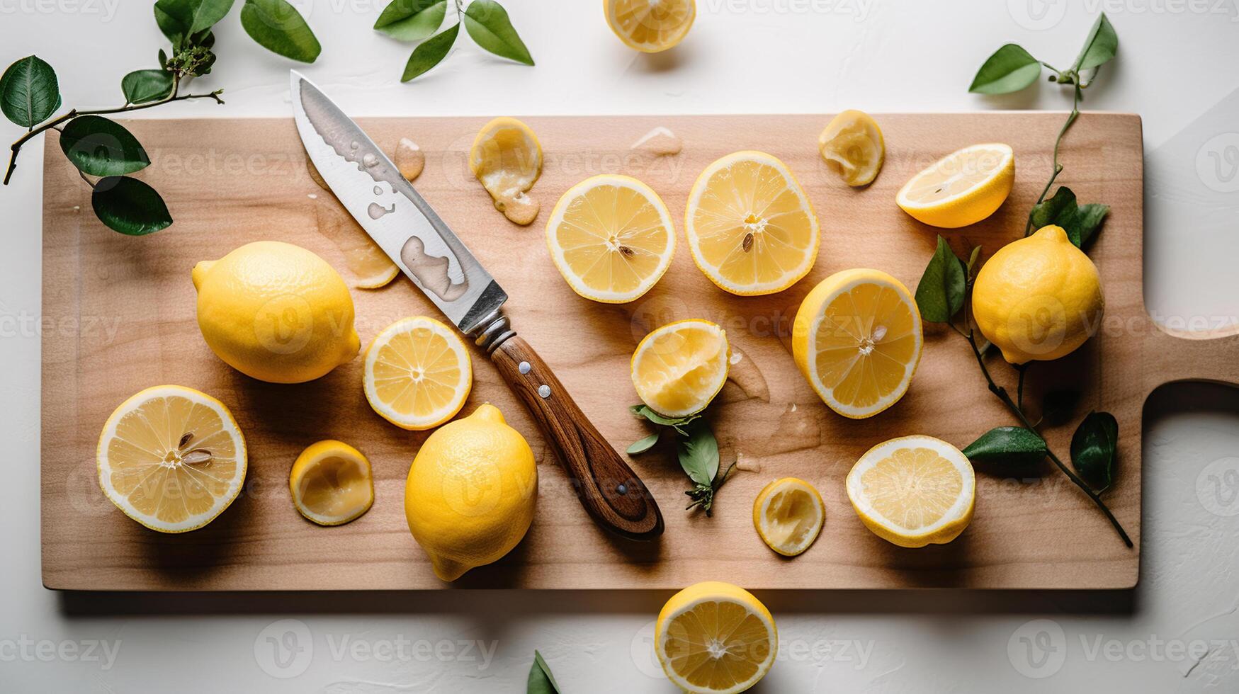 de madera junta, limones, policía y Fresco corteza en blanco texturizado mesa, generativo ai foto